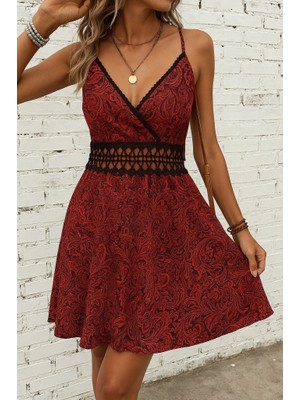 Modaurul Kadın Ip Askılı Kruvaze Yakalı Desenli Mini Süprem Mini Elbise