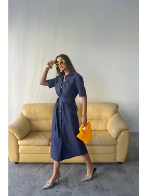 Modaurul Tencel Önden Düğmeli Kısa Kol Elbise - Mavi