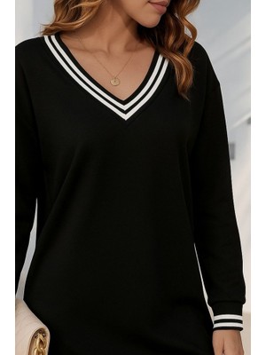 Modaurul Kadın Uzun Kollu V Yakalı Şerit Detaylı Kısa Viskon Iki Iplik Elbise