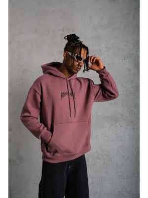 Modaurul Erkek Kordon Ipli Baskılı Kapüşonlu Sweatshirt - Gül Kurusu