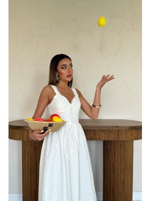 Modaurul Ekru Dantel Detaylı Askılı Elbise