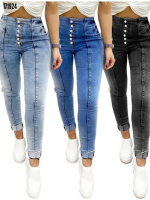 Modaurul Kadın Yüksek Bel Önden Düğmeli Jean Pantolon