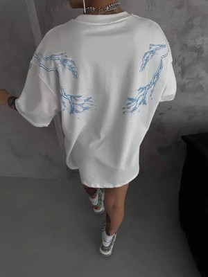 Modaurul Unisex Bisiklet Yaka Baskılı Oversize T-Shirt - Beyaz