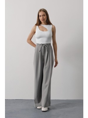 Modaurul Pileli Bağcıklı Oversize Pantolon - Gri