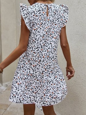 Modaurul Kadın Kısa Kollu Bisiklet Yaka Etek Ucu Volanlı Kısa Dokuma Elbise