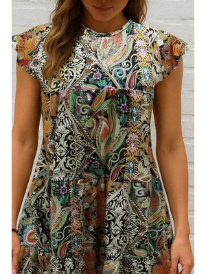 Modaurul Kadın Kısa Kollu Kolları Fırfırlı Bisiklet Yakalı Kare Desenli Elbise