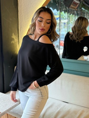 Modaurul Kadın Uzun Kollu Tek Omuz Askı Detay Salaş Viskon Iki Iplik Bluz