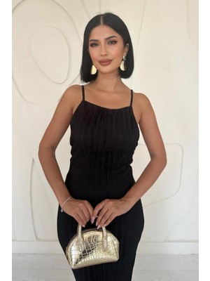 Modaurul Siyah Piliseli Halter Boyun Elbise
