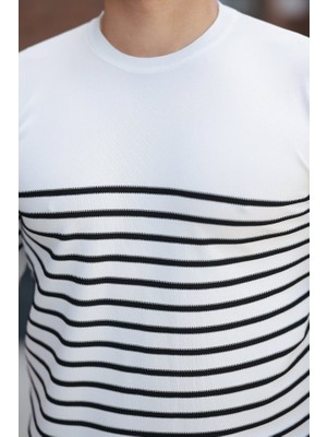 Modaurul Erkek Çizgi Desenli Bisiklet Yaka Kısa Kollu T-Sihrt