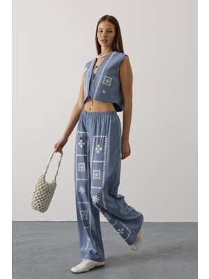 Modaurul Baskılı Önü Bağlamalı Yelekli Takım - Indigo