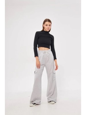 Modaurul Yüksek Bel Kargo Cepli Palazzo Pantolon Oversize Bol Paça Iki Iplik Rahat Kesim - Gri
