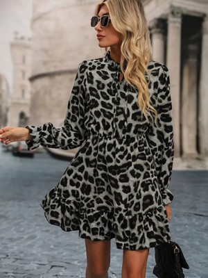 Modaurul Kadın Uzun Kollu Yakadan Bağlamalı Beli Lastikli Şardonlu Dalgıç Elbise