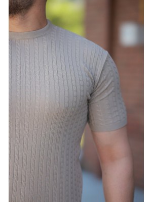 Modaurul Erkek Bisiklet Yaka Örgü Desenli Kısa Örme Triko Kısa Kollu T-Shirt