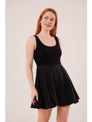 Modaurul Kalın Askılı Balon Etek Siyah Mini Elbise