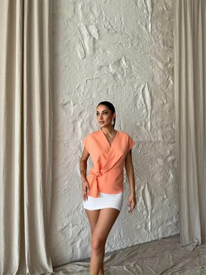 Modaurul Yandan Bağlama Detaylı Kolsuz Bluz - Somon