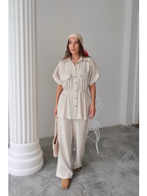 Modaurul Keten Belden Büzgü Detaylı Gömlek - Pantolon Takım - Taş