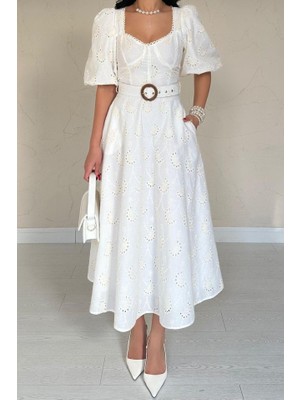 Modaurul Ekru Göğüs Kup Detaylı Kemerli Brode Elbise