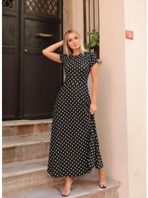 Modaurul Kadın Kısa Kollu Bisiklet Yaka Puantiyeli Maksi Örme Krep Elbise