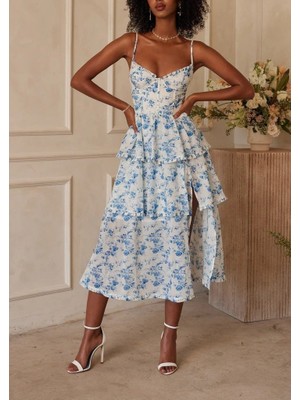 Modaurul Kadın Sıfır Kol Askılı Dekolteli Yırtmaç Detay Çiçek Baskılı Süprem Midi Elbise