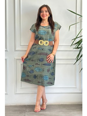 Ithal Balık Desen Kısa Kollu Pamuk Elbise
