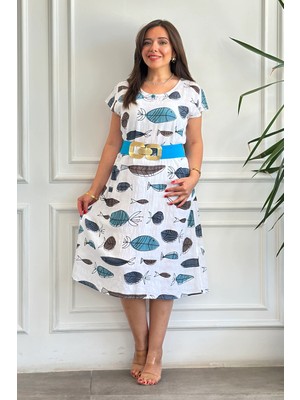 Ithal Balık Desen Kısa Kollu Pamuk Elbise