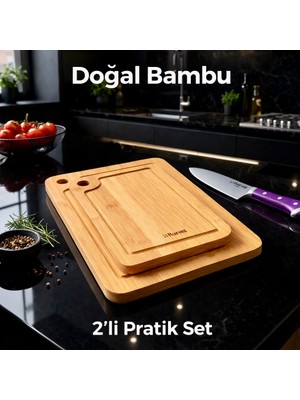 Barotti Doğal Bambu Kesme Tahtası Seti Büyük & Küçük Boy Mutfak Doğrama ve Sunum Tahtası-