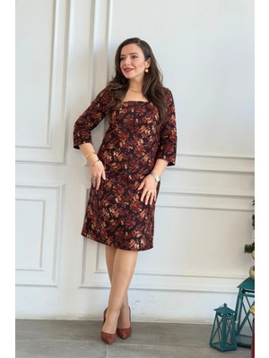 Yağmur Butik Kare Yaka Bodycon Elbise Kadınlar İçin Trend Stil Kiremit Renk Çiçekli Desen
