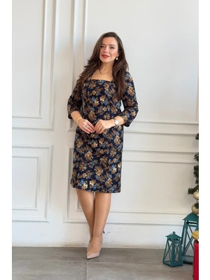 Yağmur Butik Kare Yaka Çiçekli Pazen Elbise Trend Bodycon Silüet Kadınlar İçin Şık Tasarım