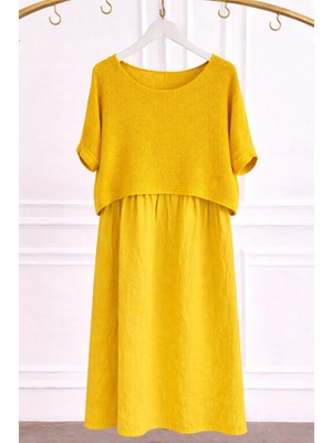 Düz Desen Fileli Keten Elbise