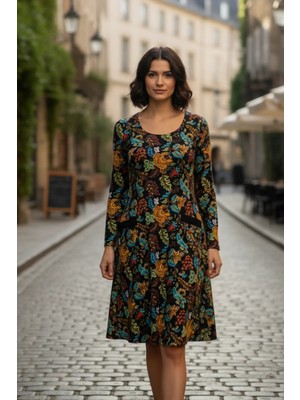 Oval Yaka Yanları Cep Detaylı Pazen Çan Elbise