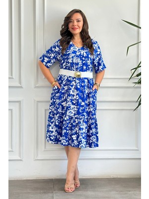 V Yaka Etek Ucu Fırfırlı Yandan Cepli Ithal Dokuma Viscon Elbise