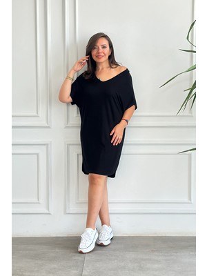 V Yaka Yarasa Kol Basic Elbise