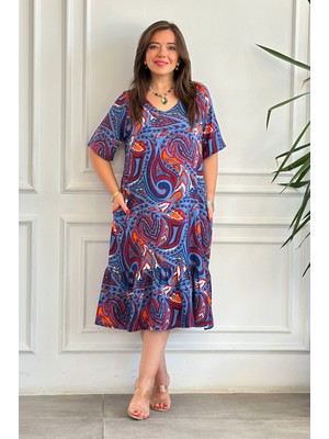 Yanları Cep Detaylı Etek Ucu Fırfırlı Kısa Kol Viscon Elbise