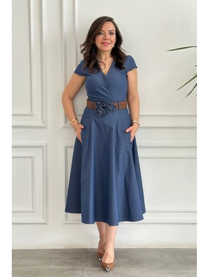 Kruvaze Yaka Kısa Kollu Kemerli Denim Elbise