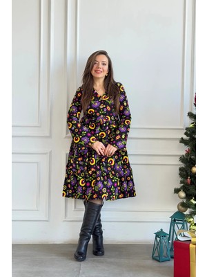 V Yaka Fırfırlı Pazen Elbise