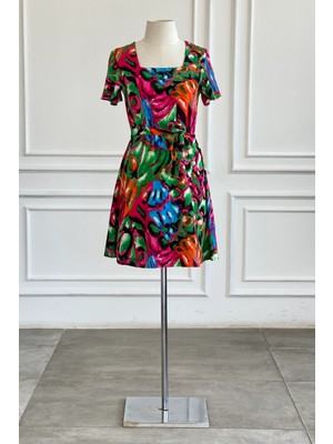 Kare Yaka Melek Kol Hare Desen Viscon Elbise