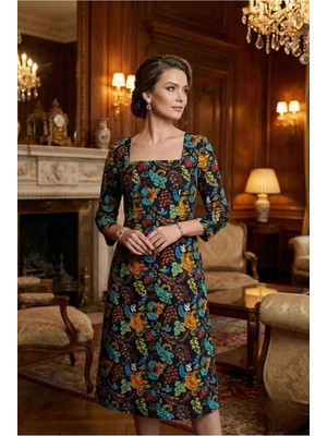 Yağmur Butik Kare Yaka Hardal Renkli A-Line Pazen Elbise Trend Stil Kadınlar İçin Özel Olay