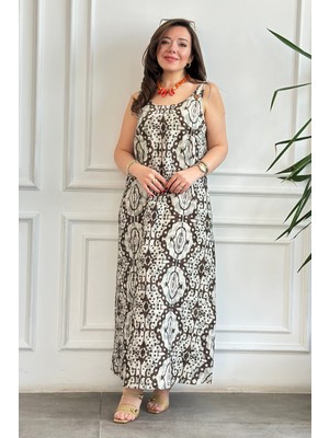 Kendinden Kemerli Kalın Askılı Desenli Elbise