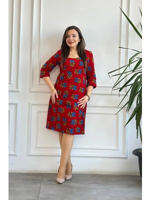 Yağmur Butik Kare Yaka Kırmızı Pazen Elbise Kadınlar İçin Şık Stil ve Standart Kol Tasarımı