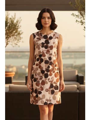 Karışık Desenli Bisiklet Yaka Kolsuz Elbise