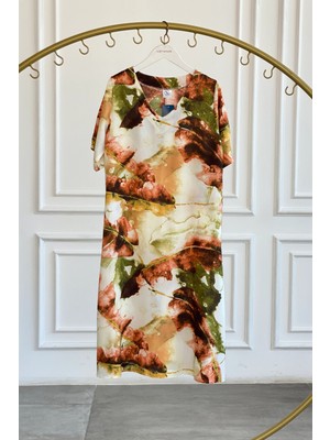 V Yaka Desenli Viscon Elbise