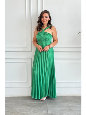 Pileli Saten Uzun Elbise