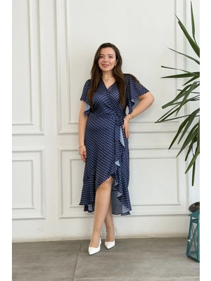 Kruvaze Yaka Puantiyeli Elbise