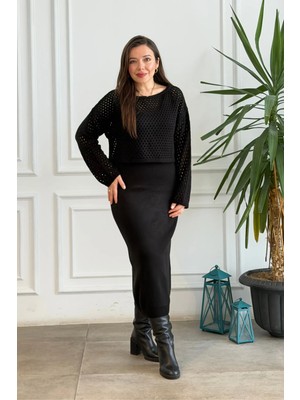 Üstü File Detaylı Ikili Kolsuz Triko Elbise