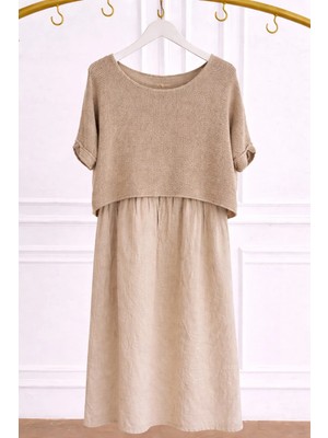 Düz Desen Fileli Keten Elbise