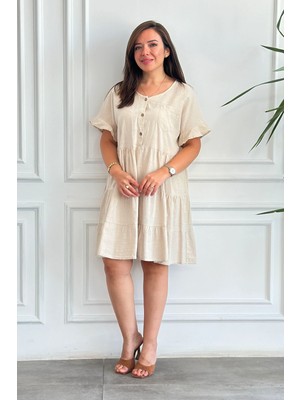 Keten Volanlı Kısa Elbise