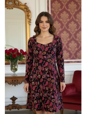 Yağmur Butik Roma Yaka Arkası Fermuarlı Pazen A-Line Elbise Trend Stil Pembe - Siyah Renk Kadınlar İçin