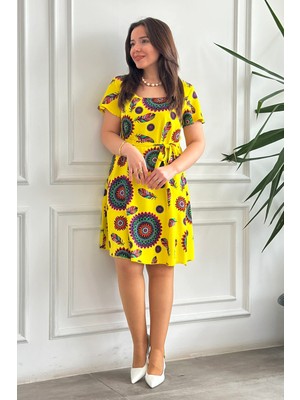 Kare Yaka Desenli Viscon Elbise