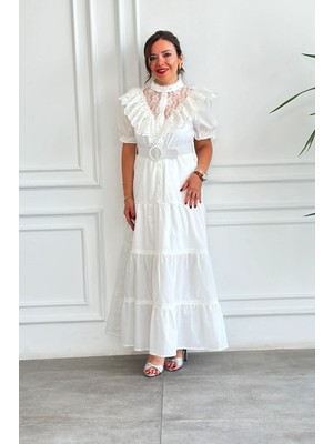 Yakası Fisto ve Dantel Detaylı Kendinden Kemerli Elbise