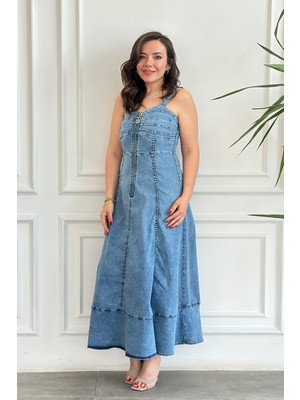 Önü Fermuar Detaylı Kolsuz Kot Elbise